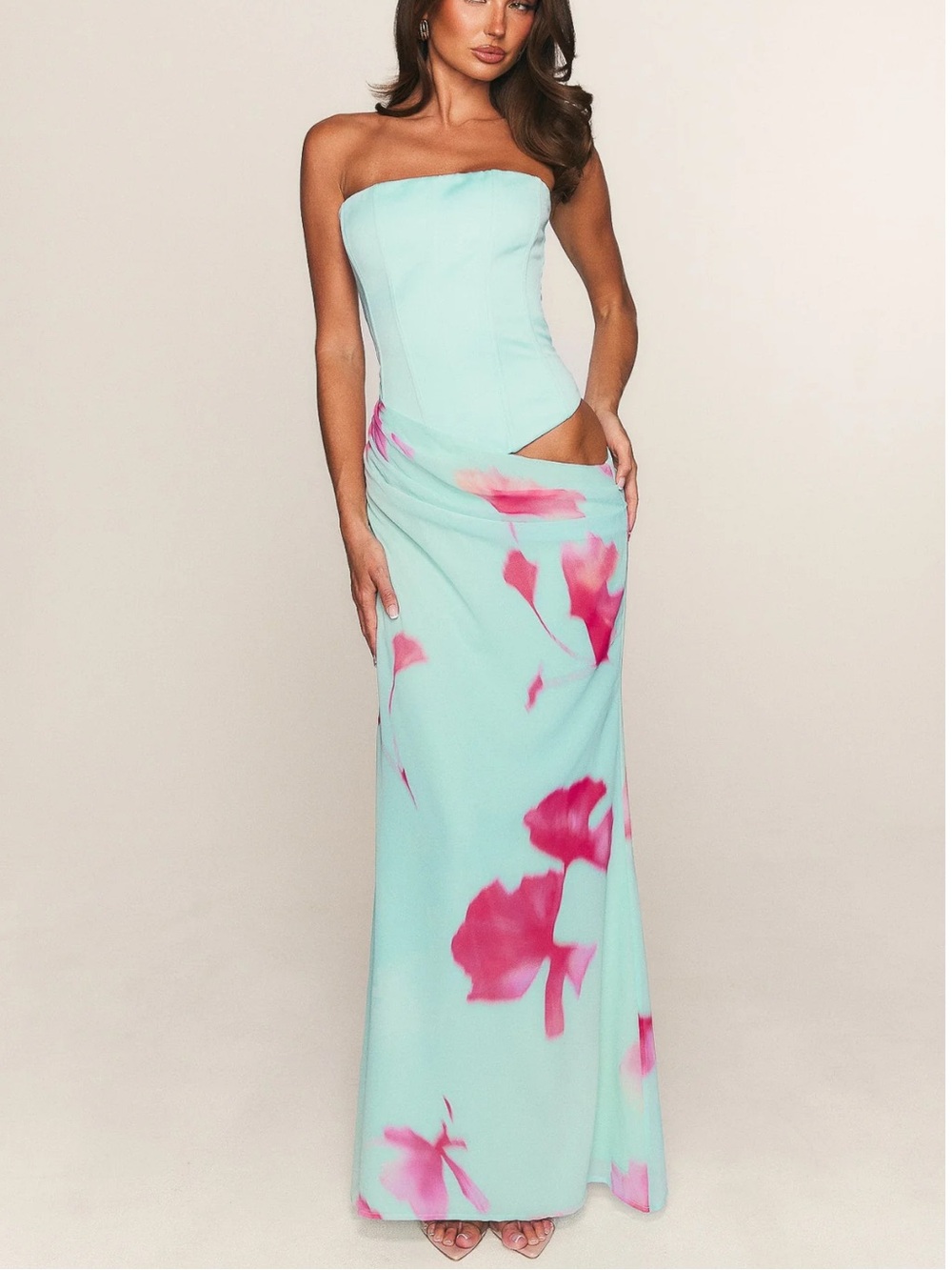 White Fox Boutique Aqua Strapless Gown with Pink Floral Print